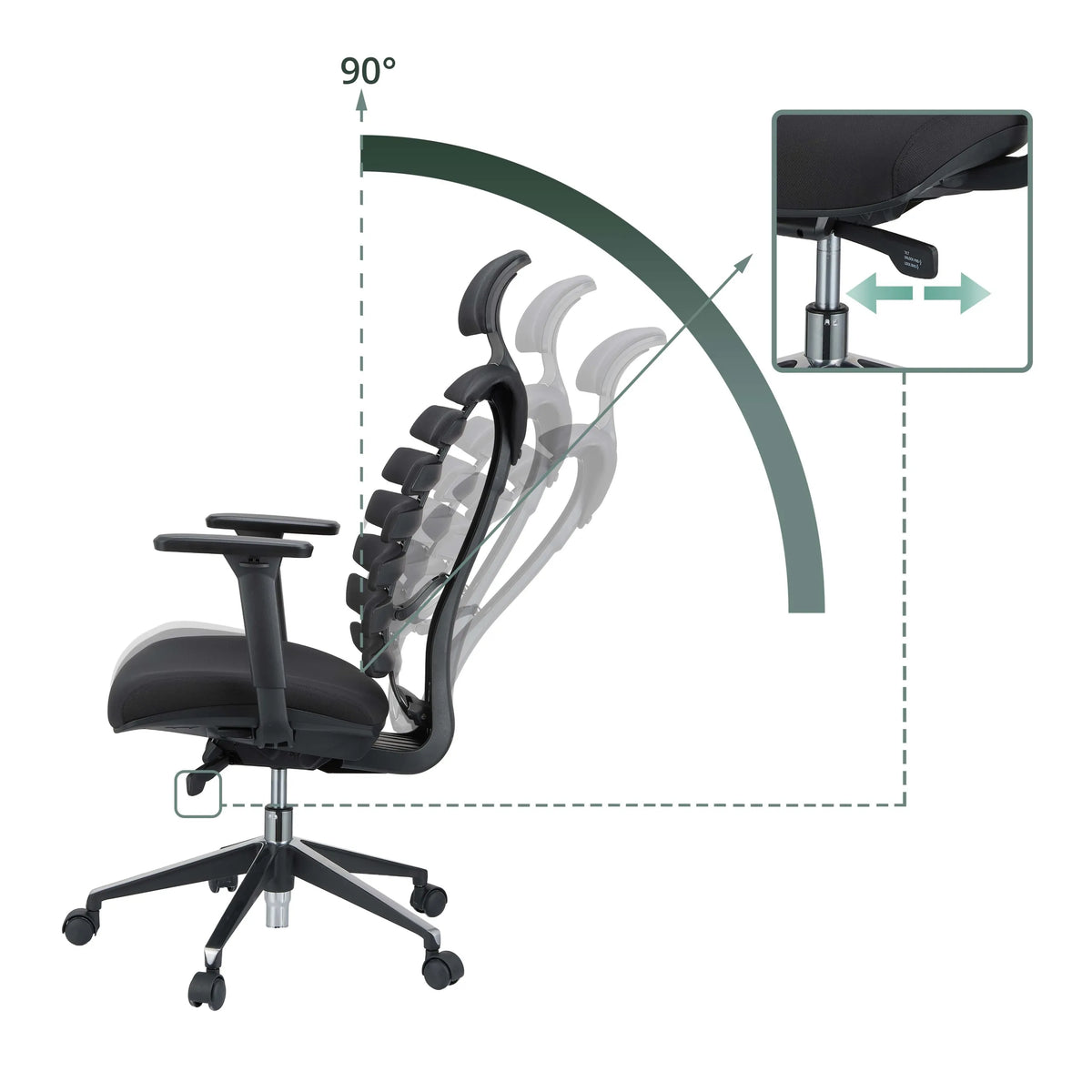 Justerbar ryglæn og gasfjeder på den professionelle kontorstol ERGO LINE II PRO med en hældningsvinkel på 90° fra hjh OFFICE