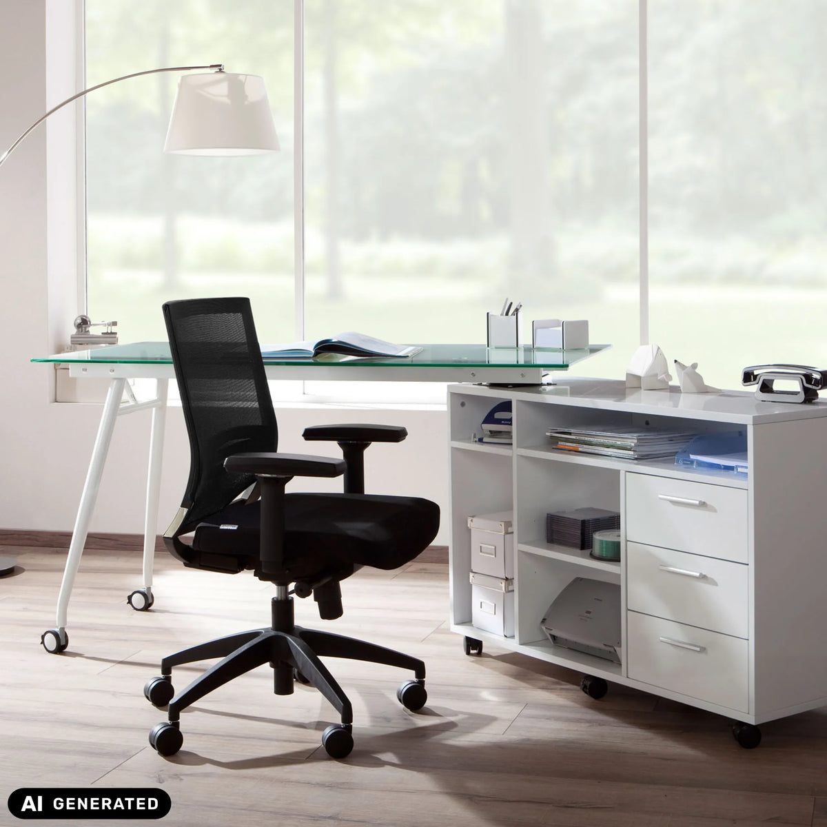 Professionel kontorstol PORTO BASE i sort med netryglæn og armlæn fra hjh OFFICE (AI-genereret billede)