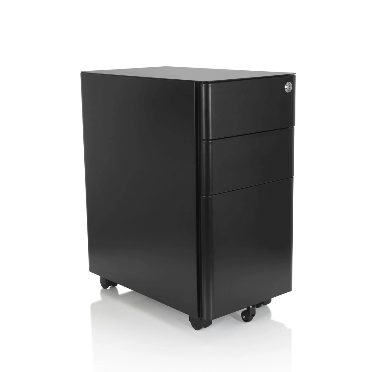 Sort metal rullecontainer COLOR I med tre skuffer og fire hjul fra hjh OFFICE – 360-graders visning (skråt forfra 40°)