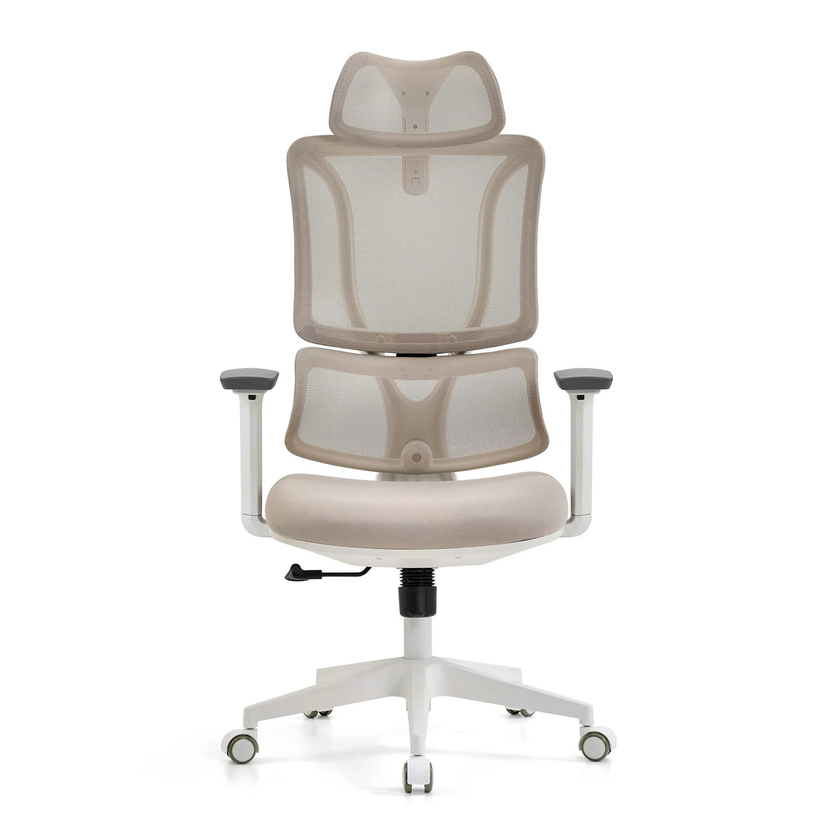 Beige Professionel kontorstol ERGOMY W med netryg og hvidt femstjernet fodkryds med hjul fra MyBuero – 360-graders visning (forfra 0°)