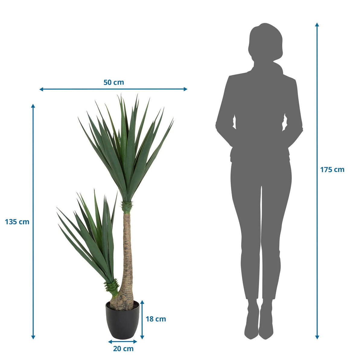 Måltegning af den Kunstige plante YUCCA med en højde på 135 cm og bredde på 50 cm fra hjh OFFICE