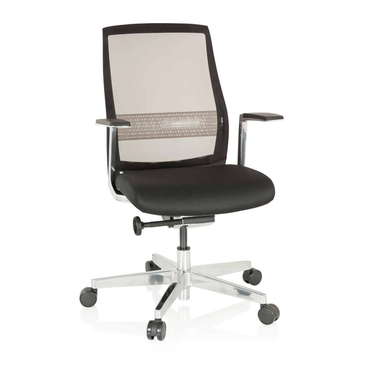 Sort High End kontorstol FOUNTAINE PRO med netryg og femstjernet fodkryds med hjul fra hjh OFFICE – 360-graders visning (forfra 20°)