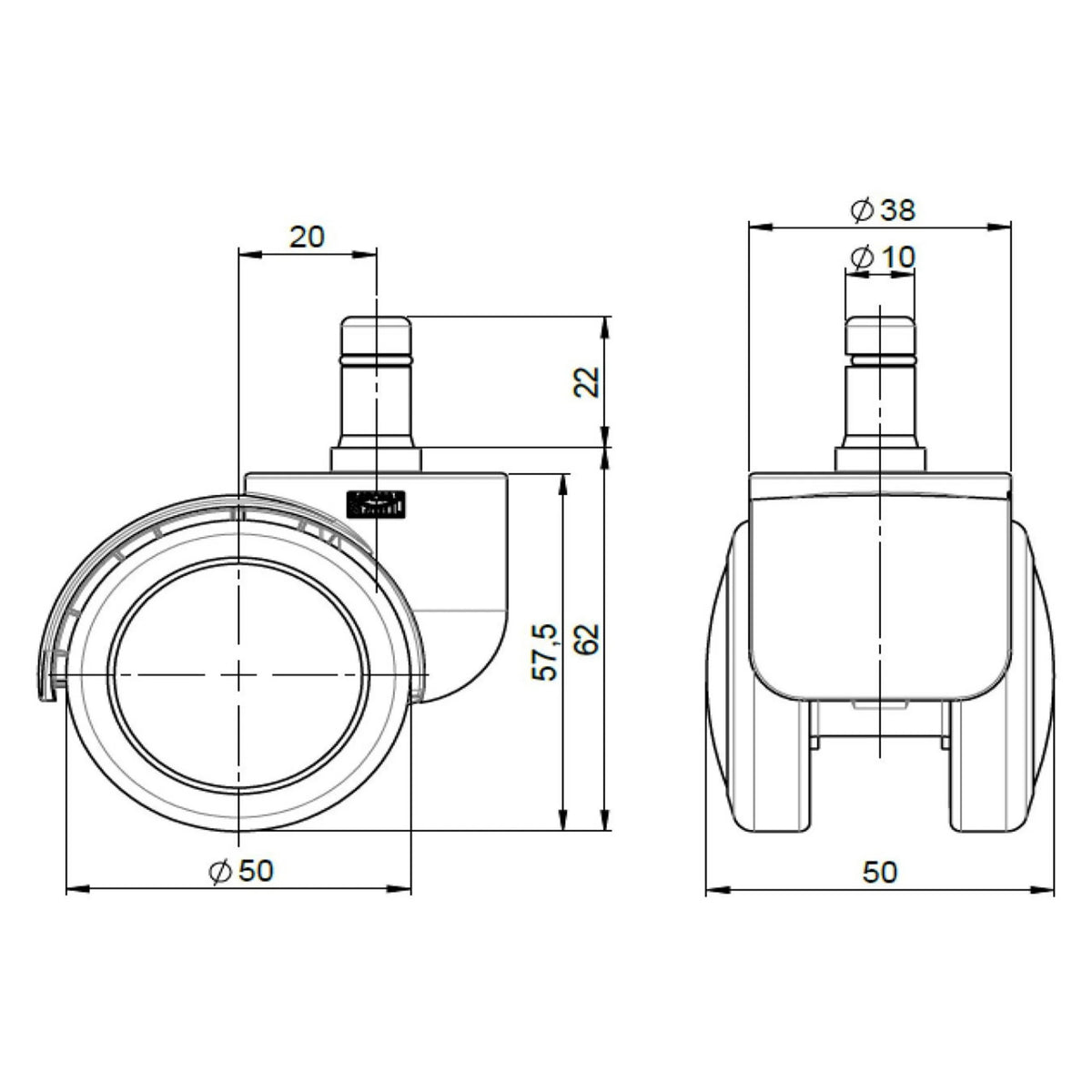 Teknisk tegning af stolehjul 5x ROLO FREE 10mm/50mm med en hjuldiameter på 50 mm fra hjh OFFICE