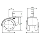 Teknisk tegning af stolehjul 5x ROLO FREE 10mm/50mm med en hjuldiameter på 50 mm fra hjh OFFICE