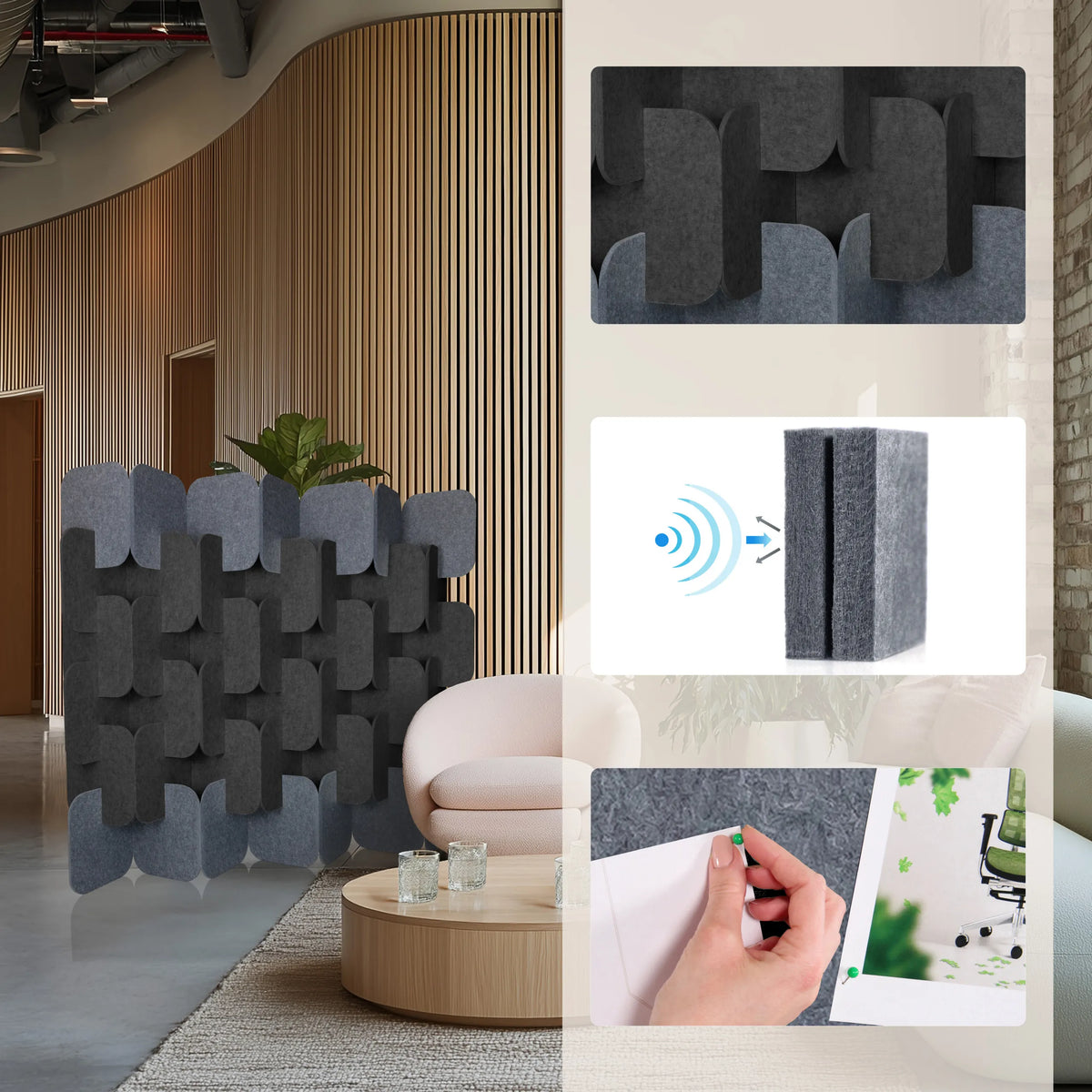 Grå og mørkegrå skillevægge FLEXMIUT PLUG i forskellige visninger og detaljer fra hjh OFFICE