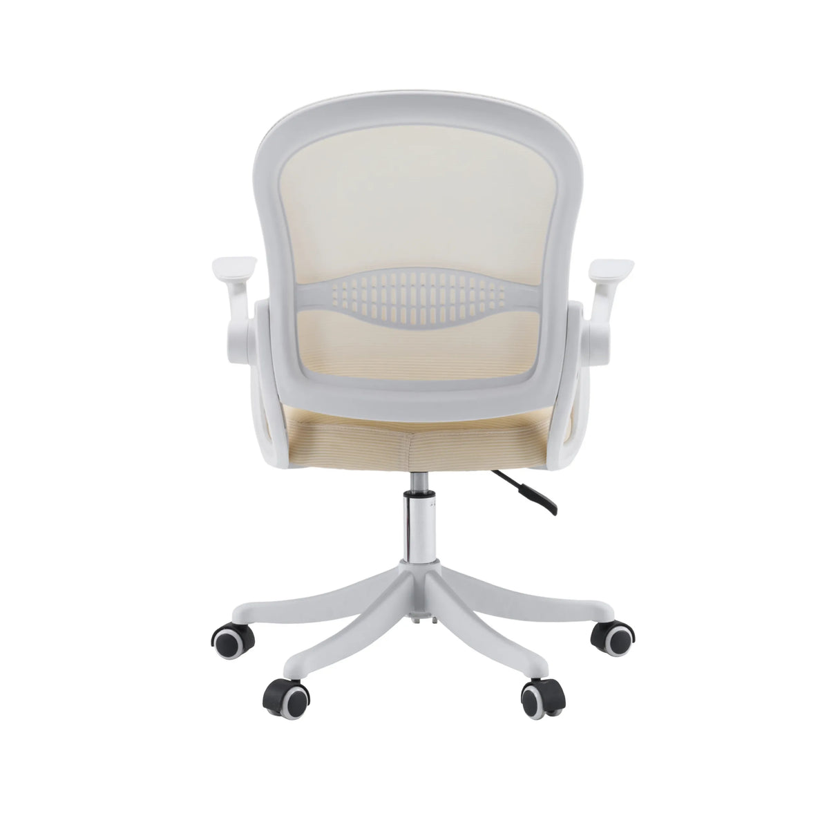 Bagsiden af Naluro Home Office kontorstol i beige med netryglæn og hvidt fodkryds fra hjh OFFICE