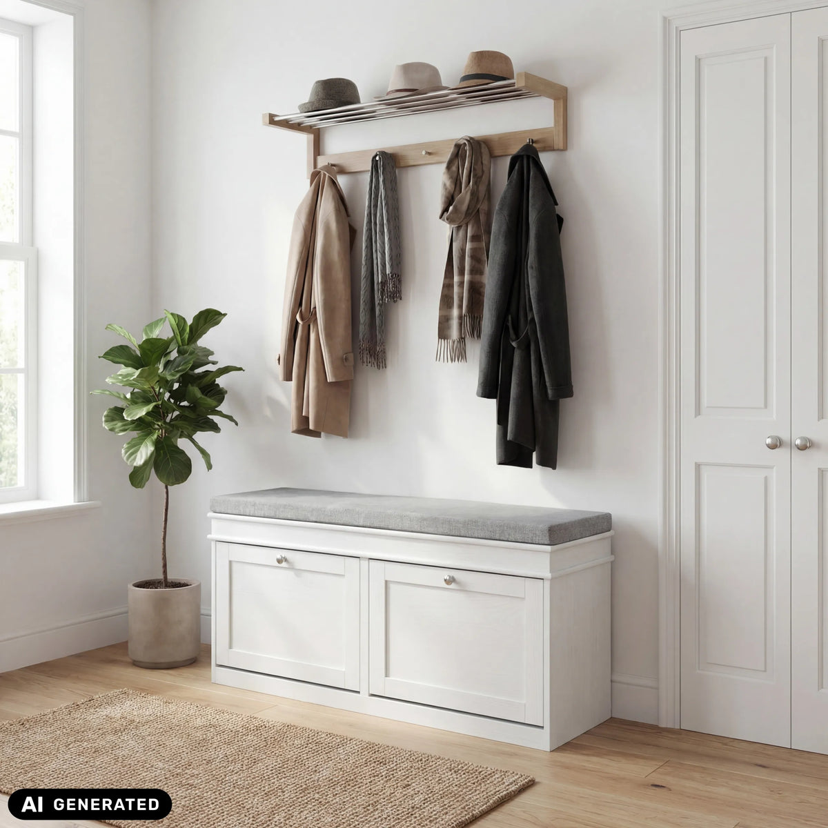 Hvidt Estha 11 skoskab med grå siddeflade og garderobe ovenover fra hjh LIVING (AI-genereret billede)