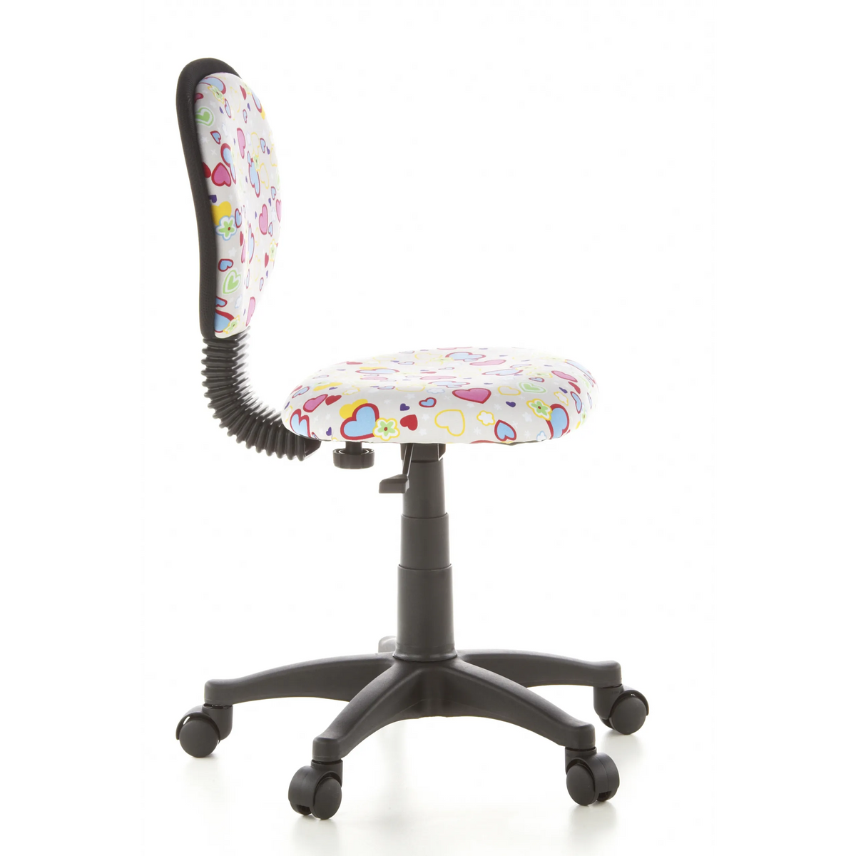 Drejestol til børn KIDDY TOP med farverigt hjerte- og blomstermønster samt femhjulet fodkryds fra hjh OFFICE – 360-graders visning (sideprofil 80°)