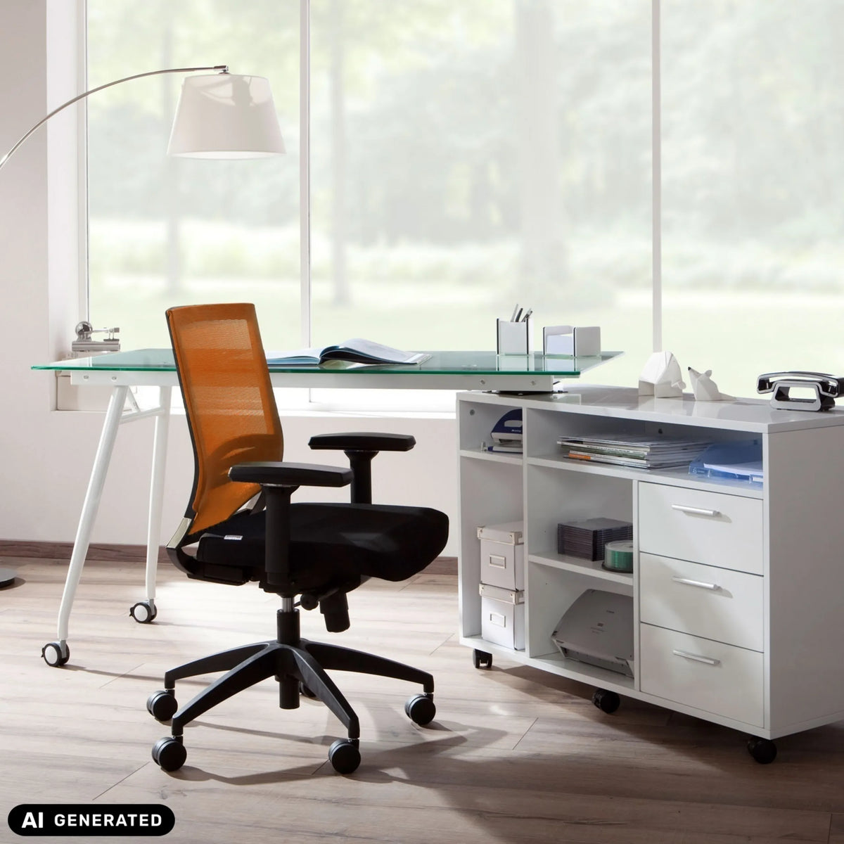 Professionel kontorstol PORTO BASE i sort og orange med armlæn og hjul fra hjh OFFICE (AI-genereret billede)