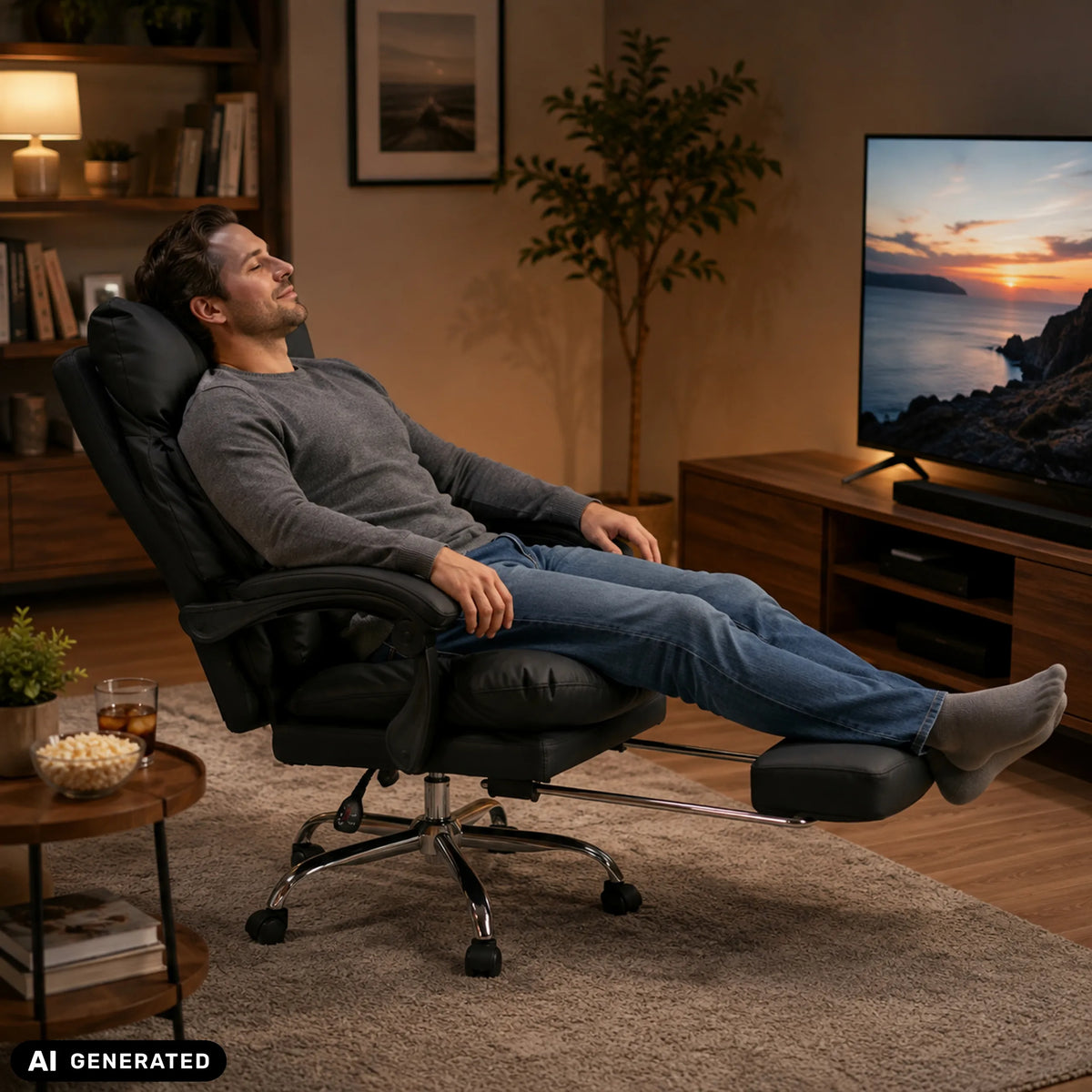 Sort Relax Legoro Home Office chefstol med udskudt fodstøtte fra MyBuero (AI-genereret billede)