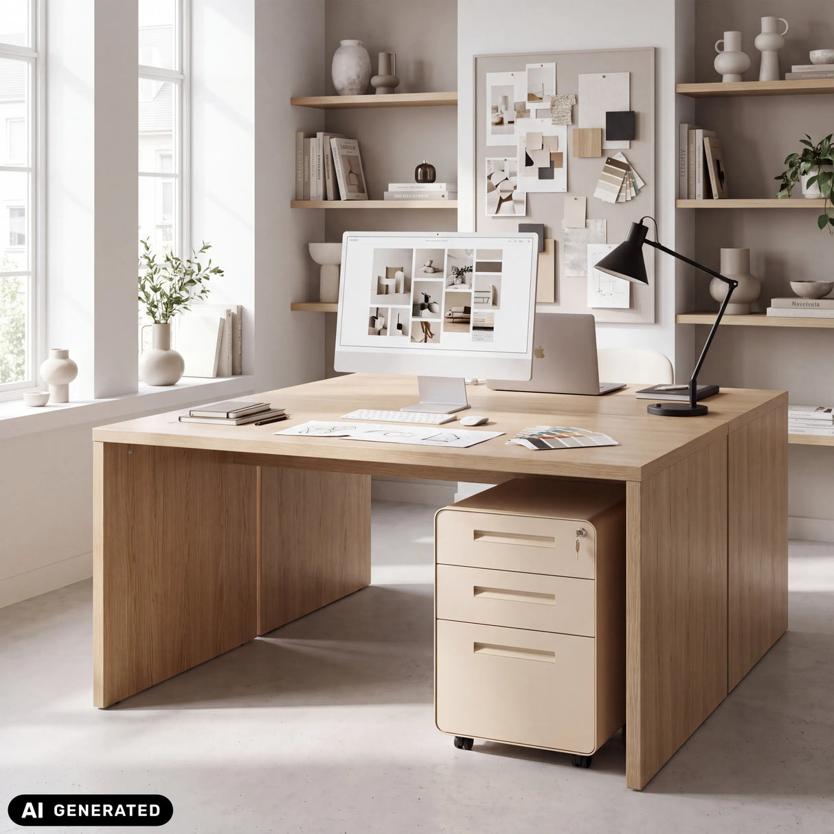 Beige metal COLOR PLUS I rullecontainer med tre skuffer under et skrivebord fra hjh OFFICE (AI-genereret billede)