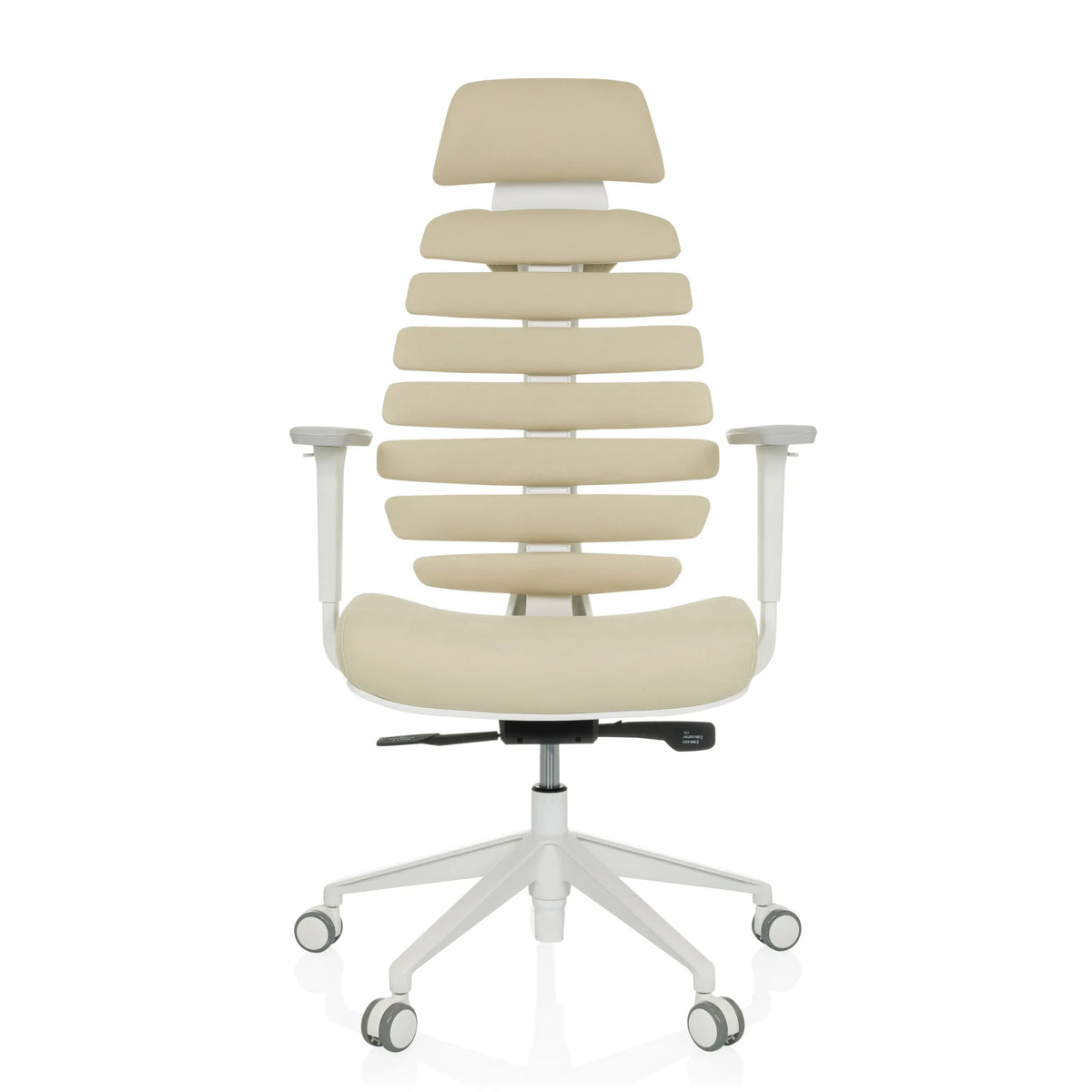 Beigefarbener Profi-Bürostuhl ERGO LINE W mit segmentierter Rückenlehne und weißem Fußkreuz von hjh OFFICE – 360-Grad-Ansicht (Frontansicht 0°)