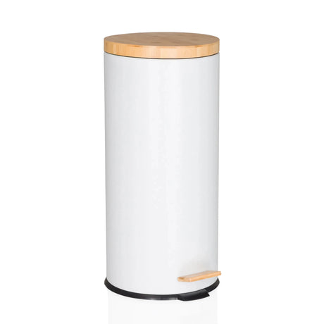 Hvid Papirkurv CLEAN BAMBOO med mat finish, bambuslåg og fodpedal fra hjh OFFICE