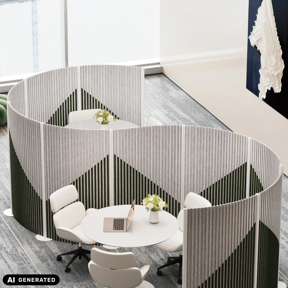 Grå Flexmiut Wave skillevægge til visuel og akustisk afskærmning med geometrisk mønster fra hjh OFFICE (AI-genereret billede)