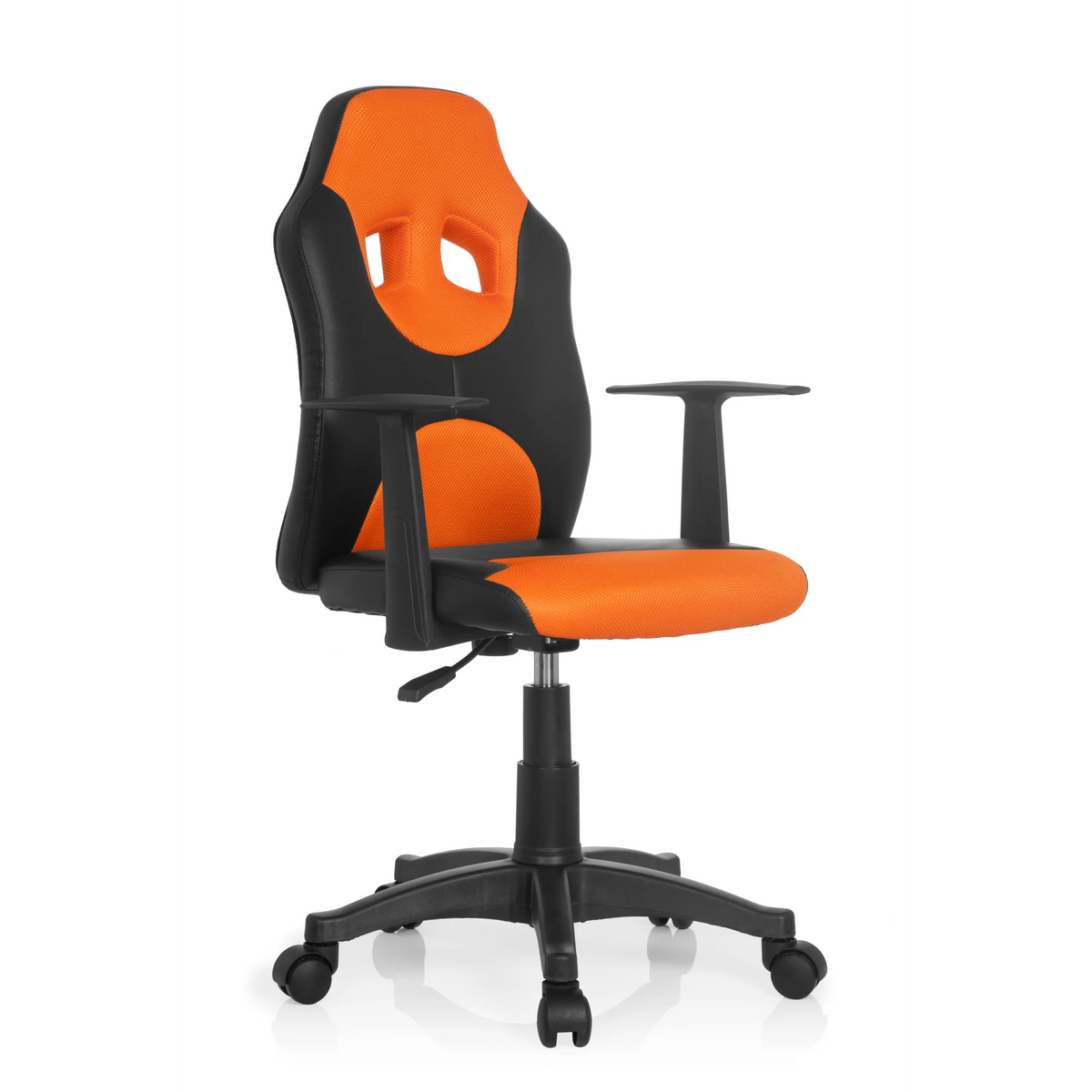 Sort-orange Snurrestol til børn KID GAME AL med netryg og femhjulet fodkryds fra hjh OFFICE – 360-graders visning (skråt forfra 40°)