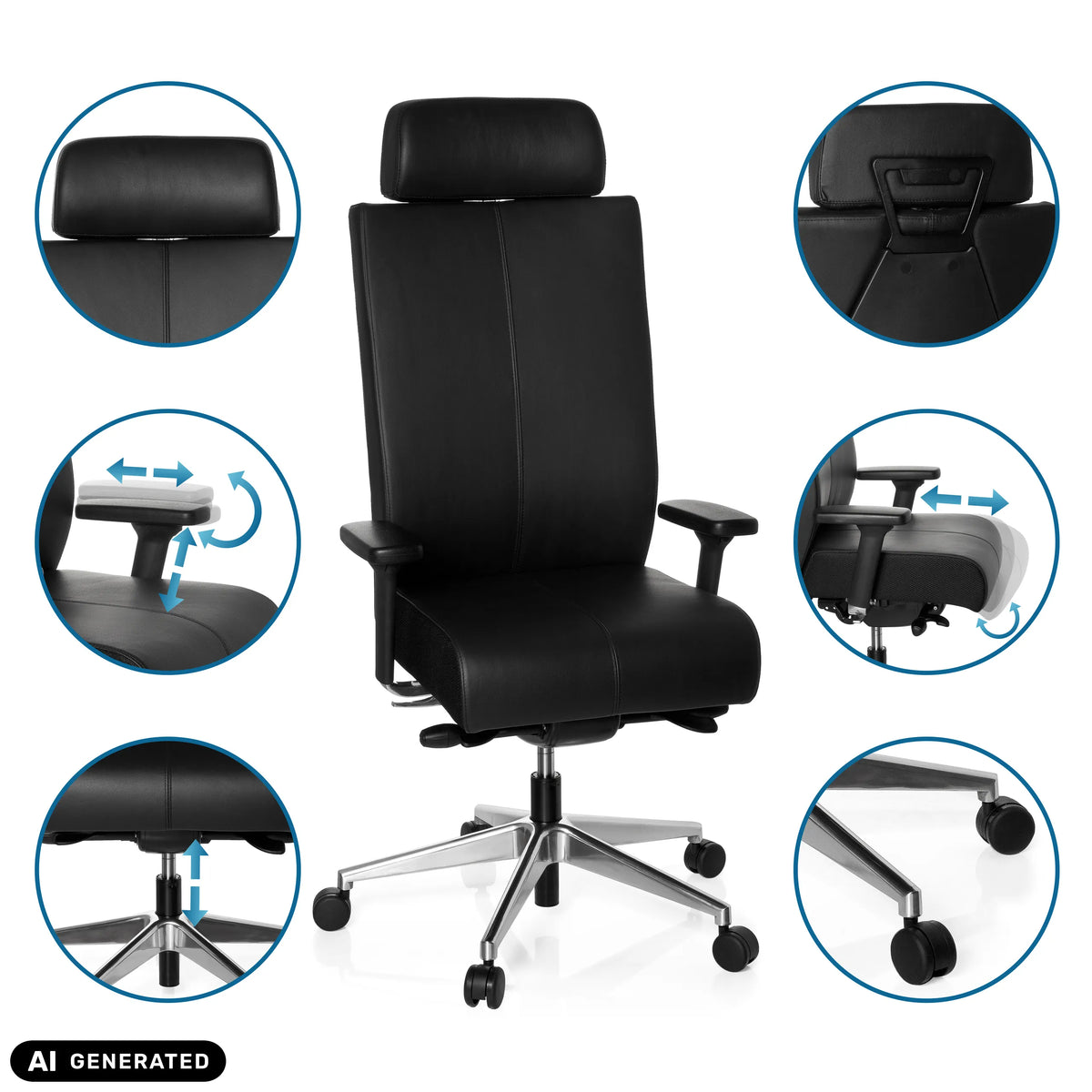 Justerbare funktioner på den professionelle kontorstol PRO-TEC XXL i sort fra hjh OFFICE (AI-genereret billede)