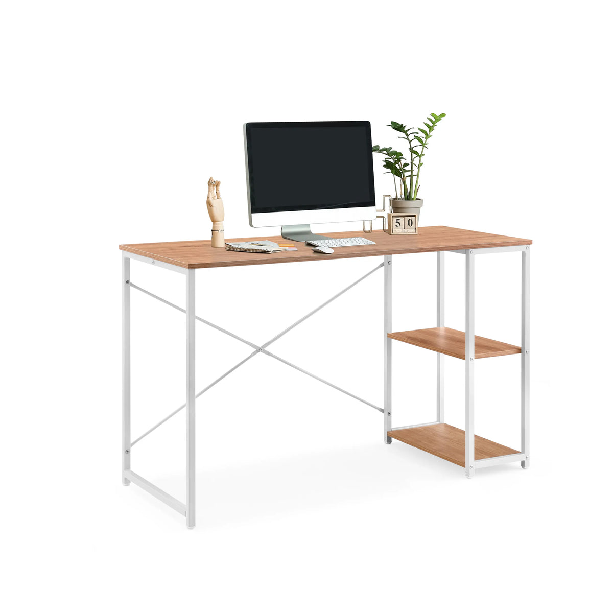 Skrivebord Easy Up2 i hvid og eg med to integrerede opbevaringsrum og hvidt metalstel fra hjh LIVING