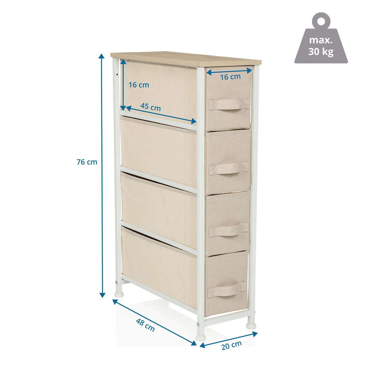 Måltegning af Kommode FOLDRESS S med 76 × 48 cm og fire skuffer fra hjh LIVING