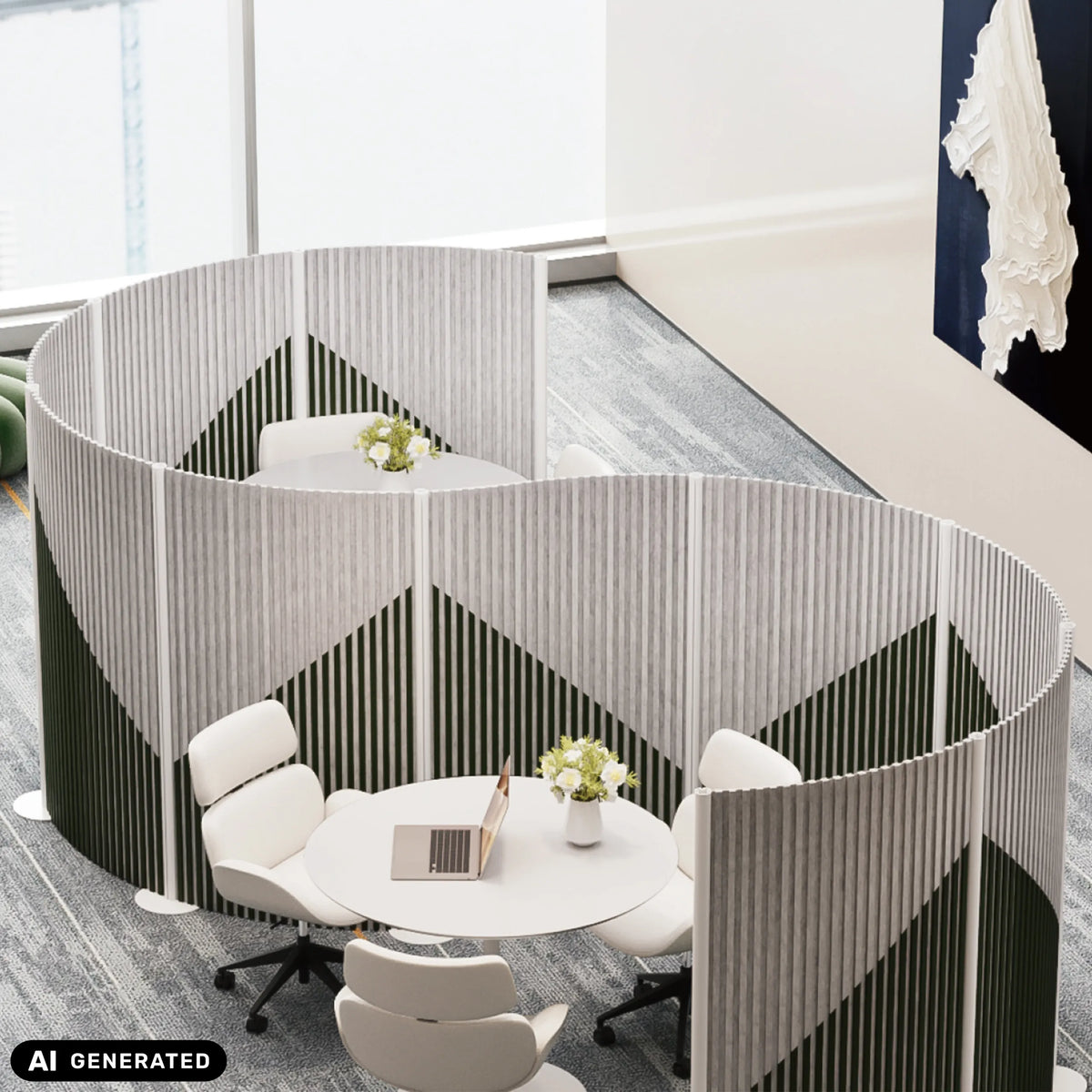 Grå Flexmiut Wave skillevægge til visuel og akustisk afskærmning med geometrisk mønster fra hjh OFFICE (AI-genereret billede)