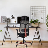 High End kontorstol BICOLORE HIGH i sort og rød med mesh-ryglæn fra hjh OFFICE