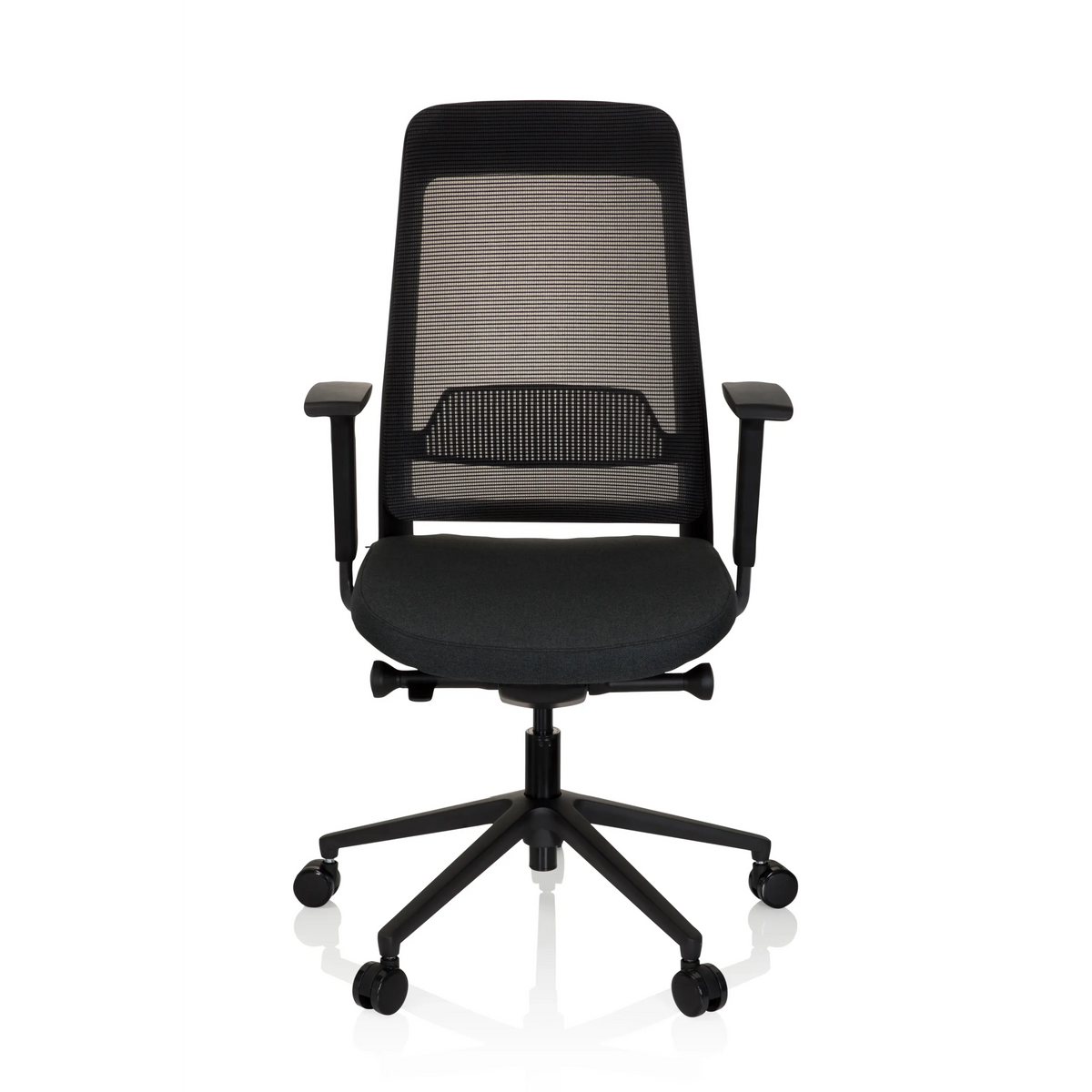 Sort Professionel kontorstol CHIARO T1 BLACK med netryg og femstjernet fodkryds med hjul fra hjh OFFICE – 360-graders visning (forfra 0°)