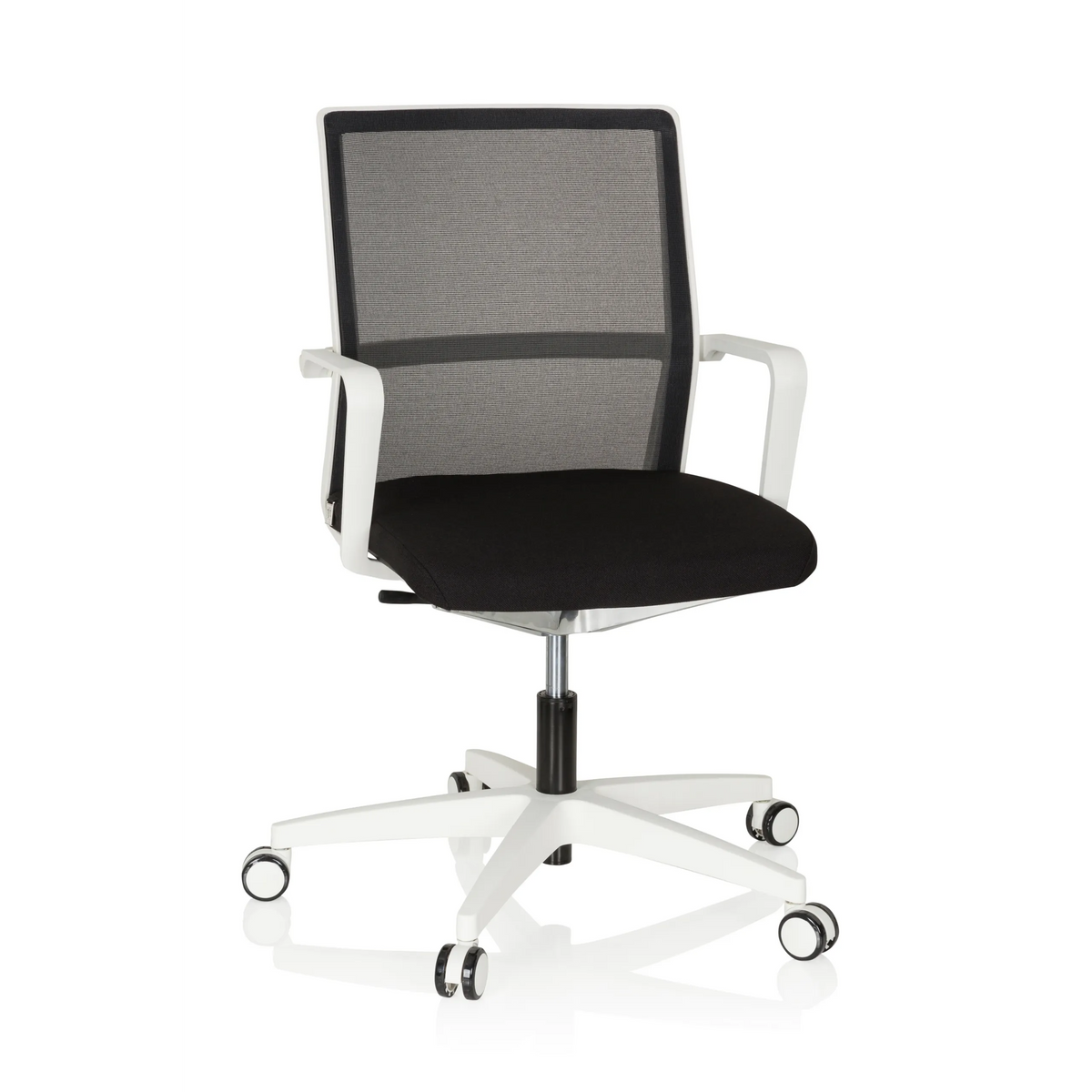 Sort-hvid professionel kontorstol MOVE-TEC NET 3D W med mesh-ryglæn og hvidt femstjernet understel med hjul fra hjh OFFICE – 360-graders visning (forfra 20°)