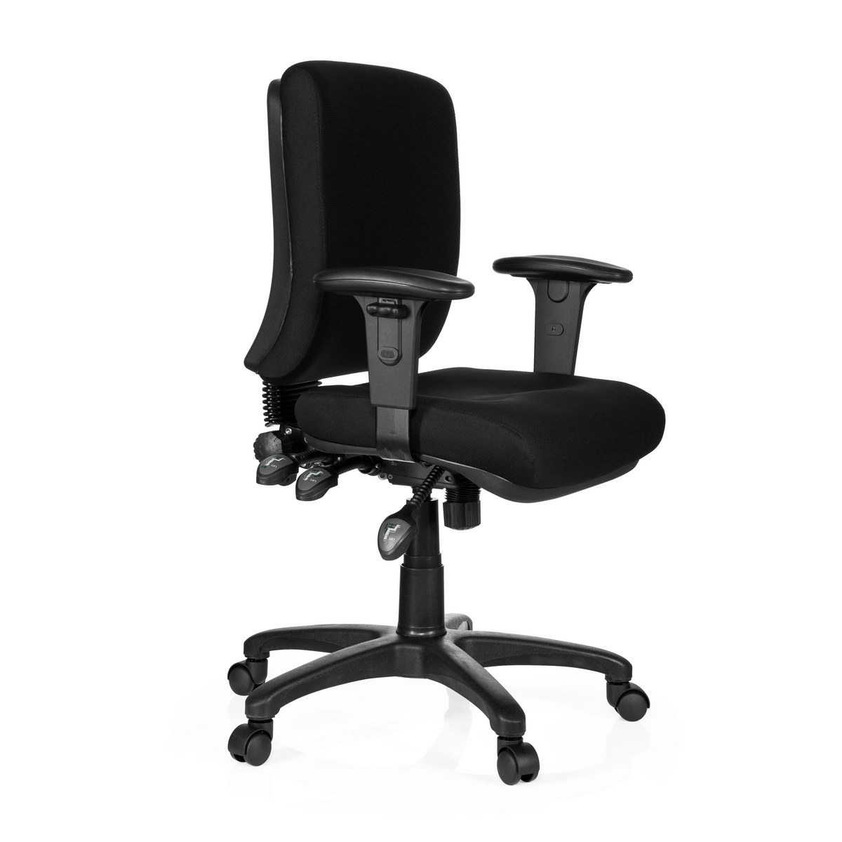 Schwarzer Profi-Bürostuhl ZENIT BASE mit Armlehnen und Fußkreuz mit fünf Rollen von hjh OFFICE – 360-Grad-Ansicht (schräge Frontansicht 60°)