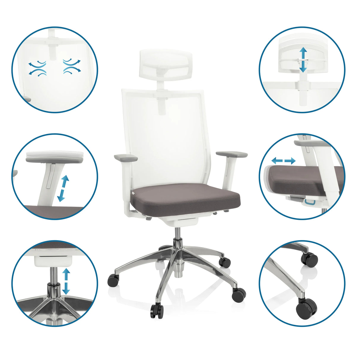 Justeringsmekanismer på Professionel kontorstol ASPEN WHITE PRO i grå-hvid fra hjh OFFICE