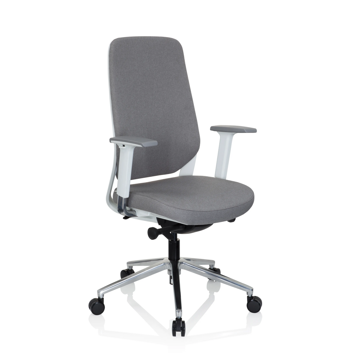 Grauer Profi-Bürostuhl CHIARO T4 WHITE mit Armlehnen und einem Fußkreuz mit fünf Rollen von hjh OFFICE – 360-Grad-Ansicht (schräge Frontansicht 40°)