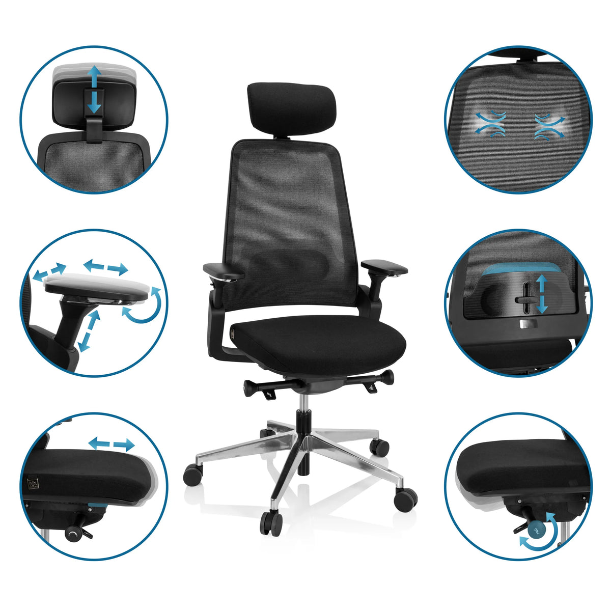 Forskellige indstillingsmuligheder for den Professionel kontorstol BRACIO i sort fra hjh OFFICE