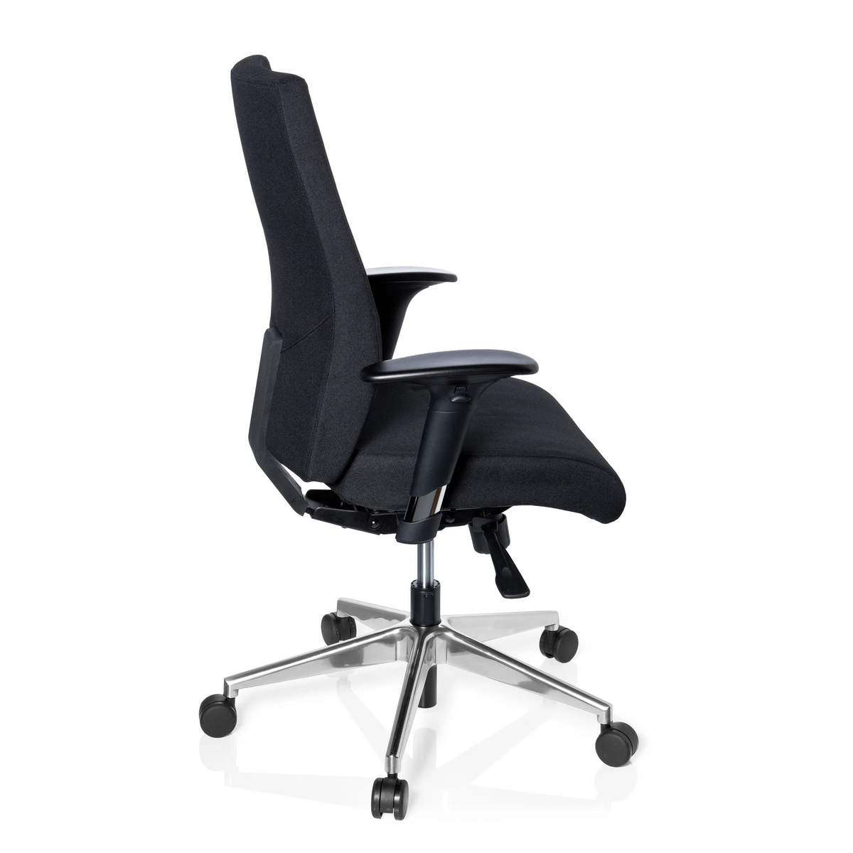 Sort Professionel kontorstol PRO-TEC 250 med armlæn og femhjulet fodkryds fra hjh OFFICE – 360-graders visning (sideprofil 100°)