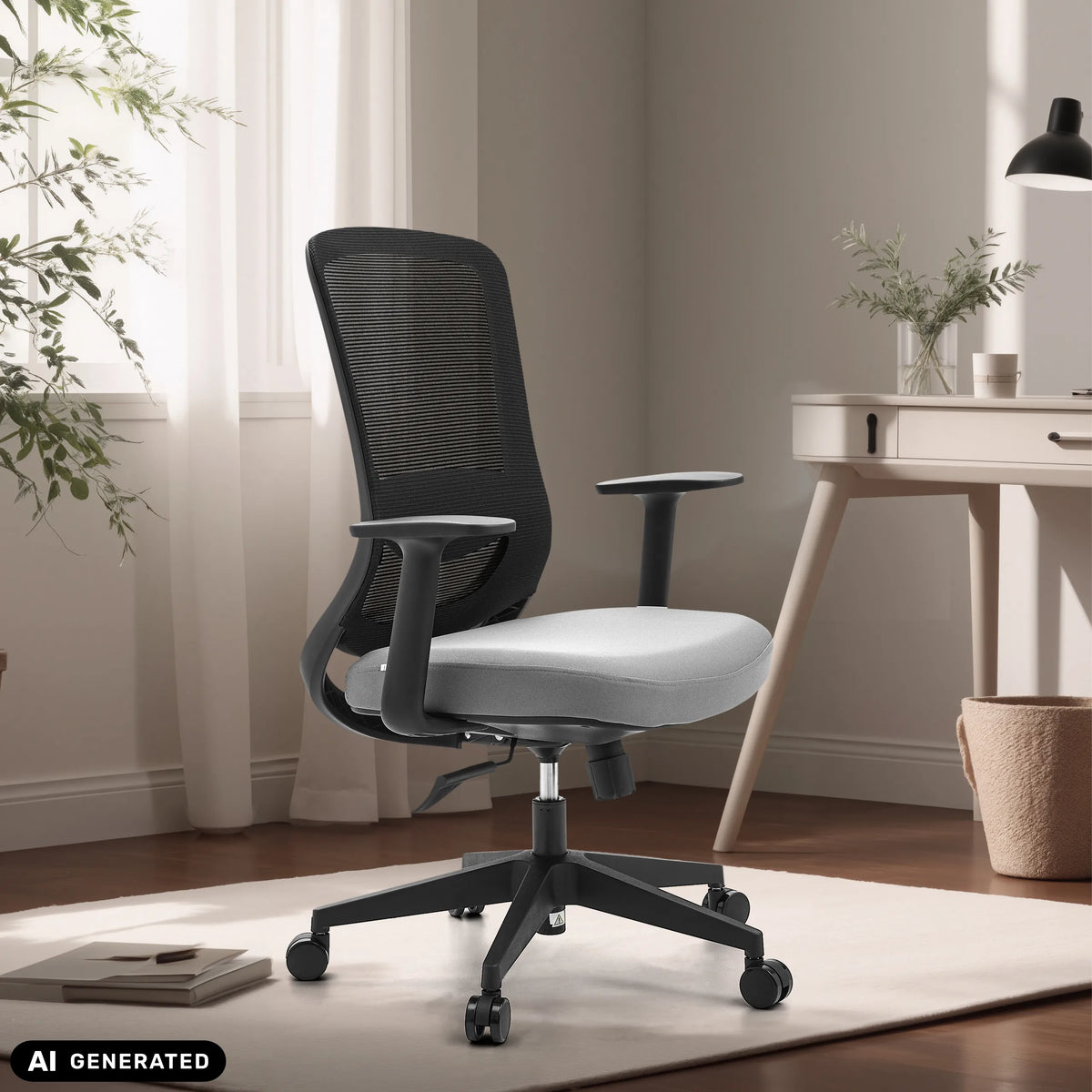 Home Office kontorstol Sedito i sort og grå med netryglæn og hjul fra hjh OFFICE (AI-genereret billede)