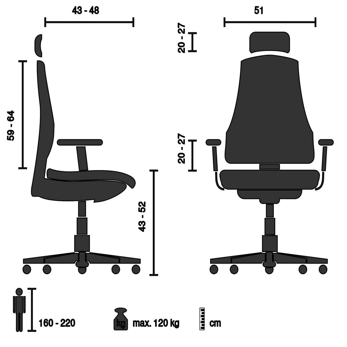 Teknisk tegning af High End kontorstol CASSILIS B med en bredde på 51 cm fra hjh OFFICE