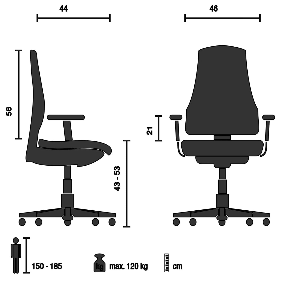 Teknisk tegning af Home Office kontorstol BELIO med en maksimal belastning på 120 kg fra hjh OFFICE