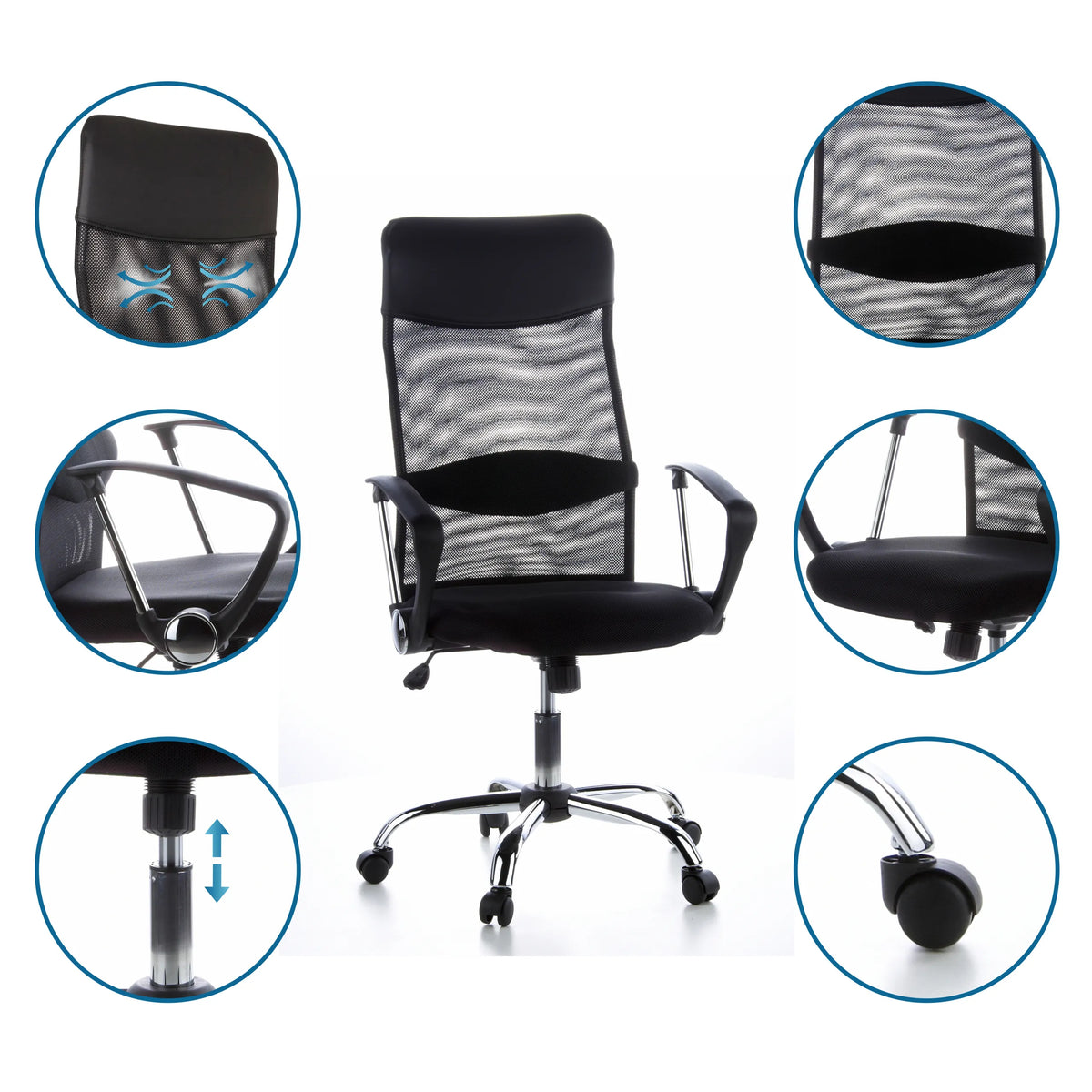 Homeoffice Chefsessel ARIA HIGH in Schwarz mit Netzrücken, Armlehnen und Gasfeder von hjh OFFICE