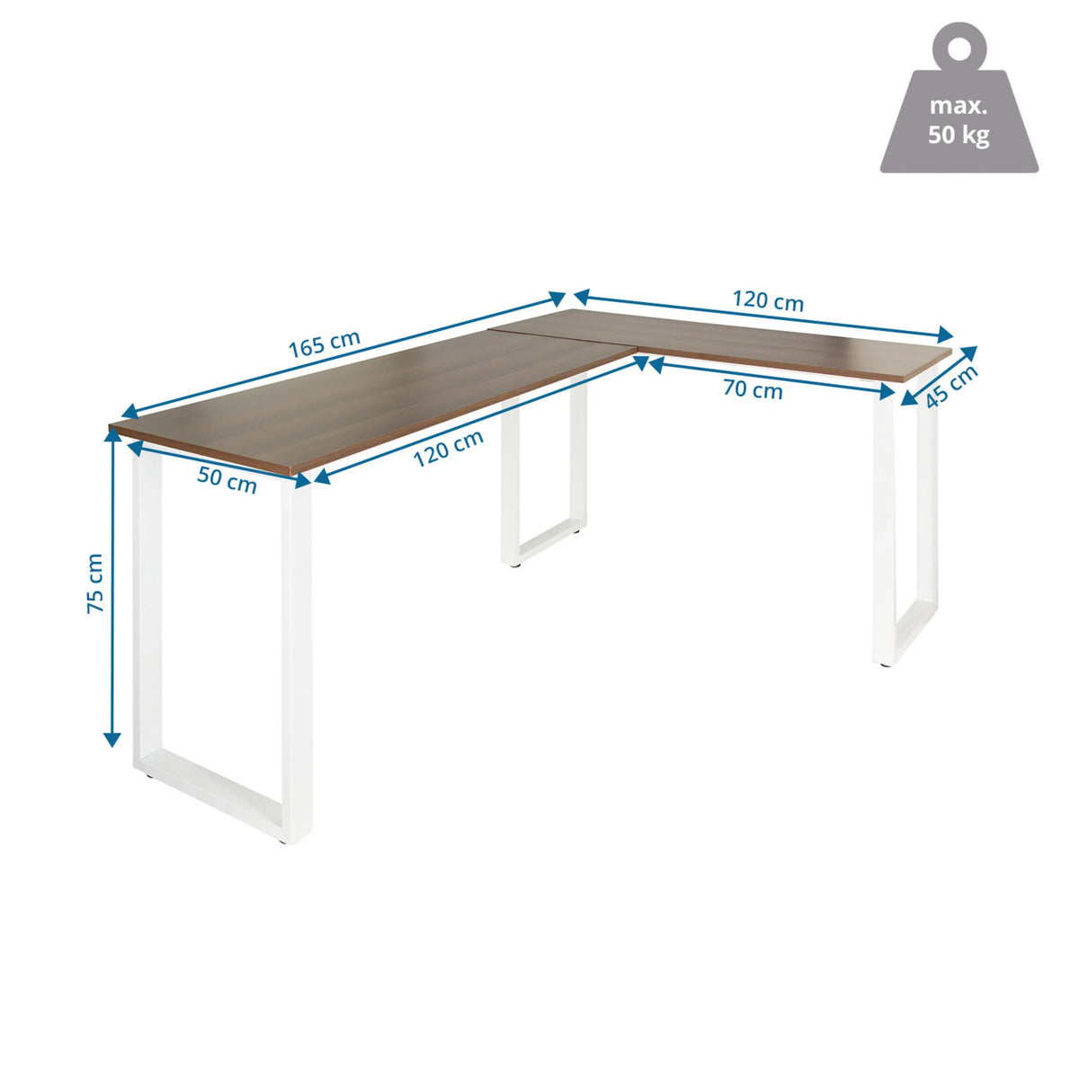 Måltegning af Hjørneskrivebord WORKSPACE BASIC I i valnød og hvid, 165 x 120 cm, fra hjh OFFICE