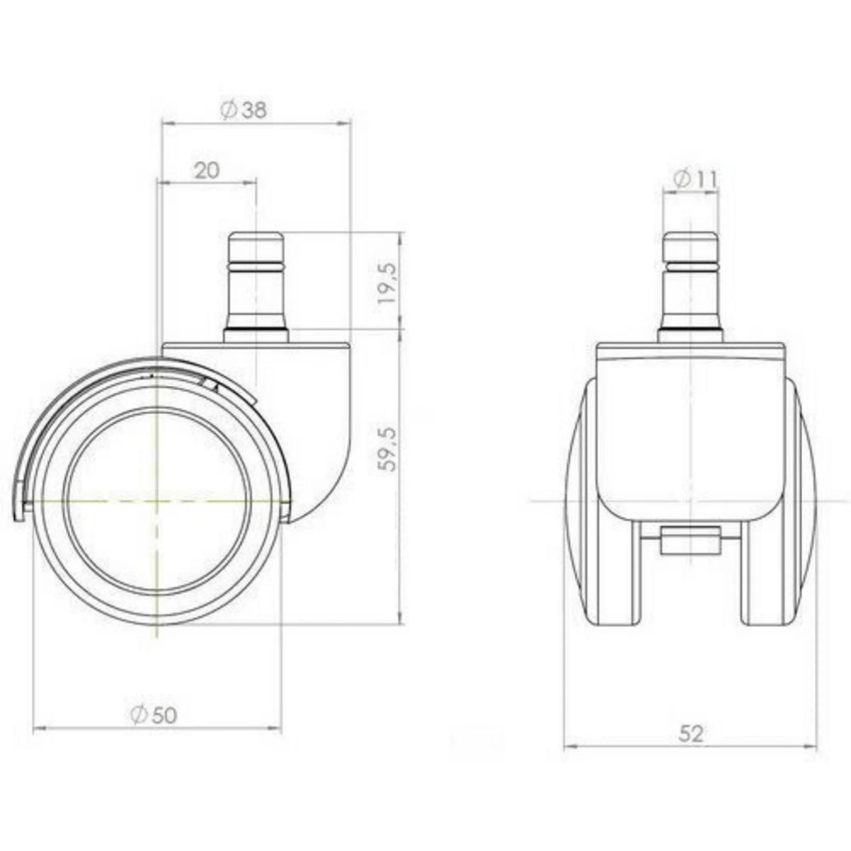 Teknisk tegning af stolehjul 5x ROLO 11mm/50mm med en hjuldiameter på 50 mm fra hjh OFFICE