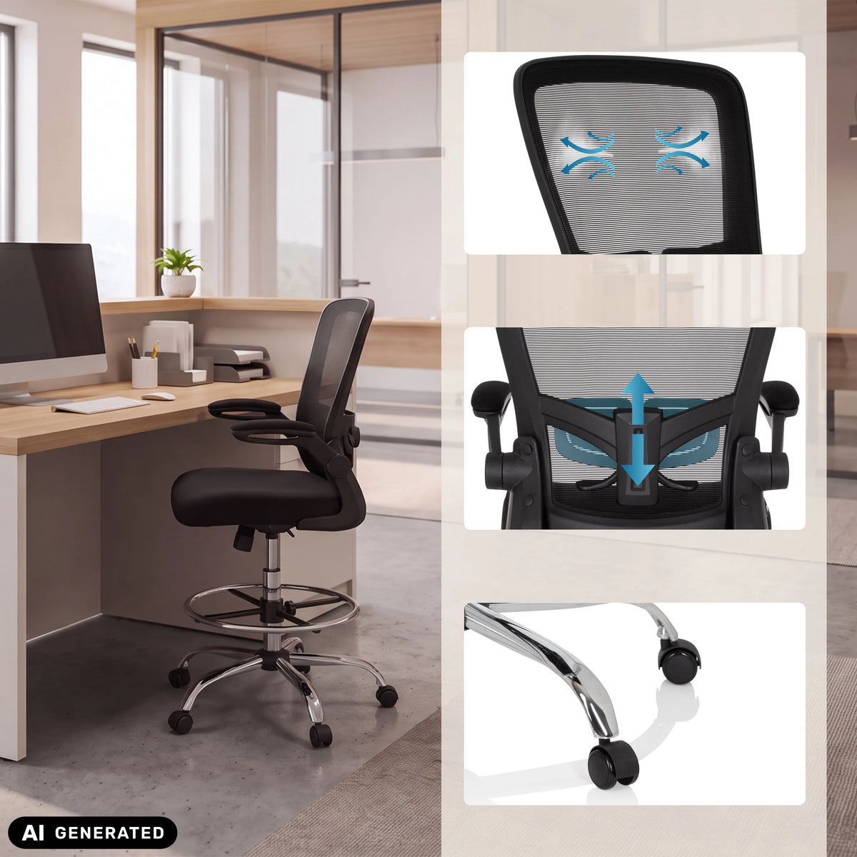 Diskstol VENDO WORK i sort med detaljebilleder af ryglænet og hjulene fra hjh OFFICE (AI-genereret billede)