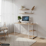 Skrivebord Easy Up2 i hvid og eg med integreret hylde fra hjh LIVING (AI-genereret billede)