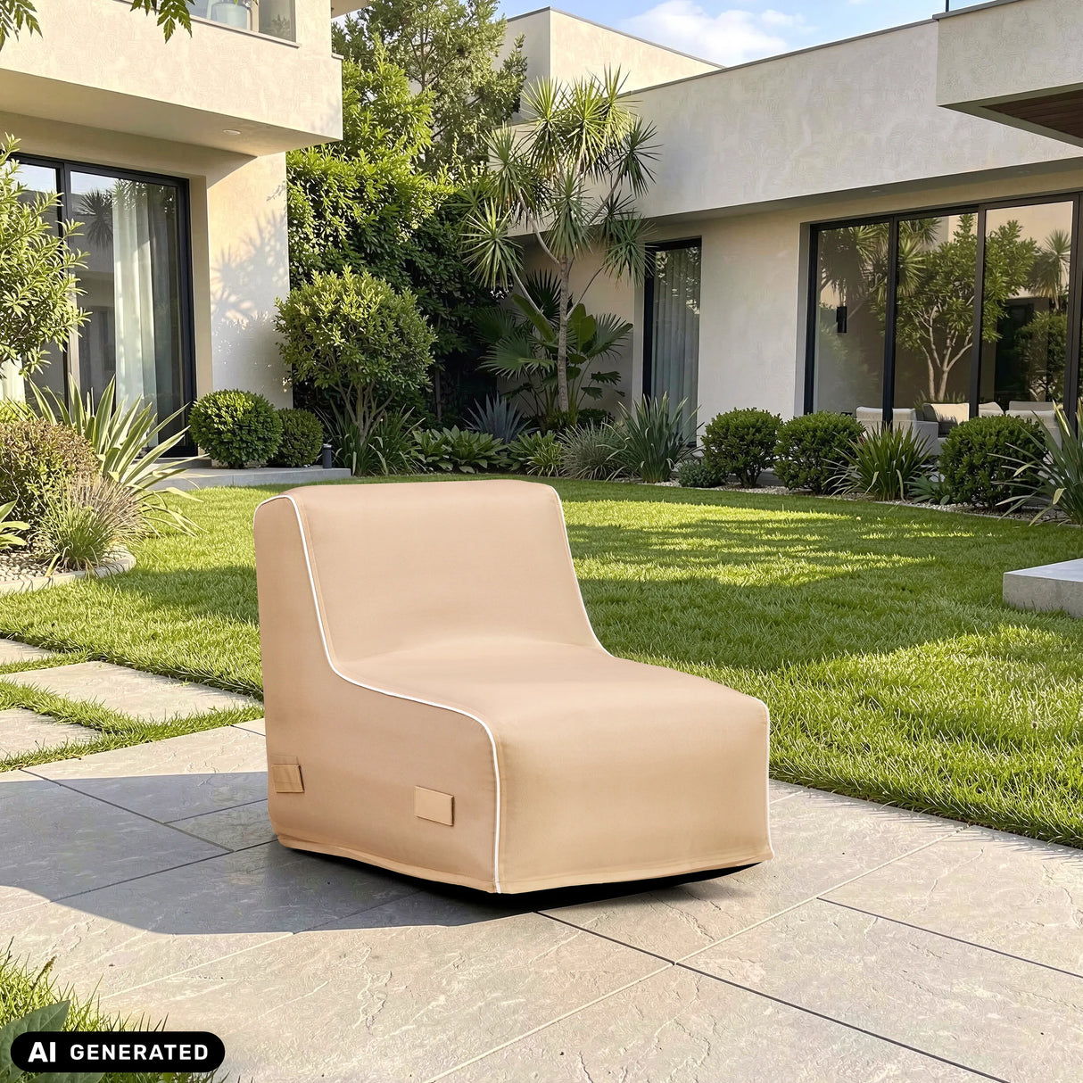 Beige Sitzolo Air oppustelig sofa på en terrasse foran et grønt område fra hjh LIVING (AI-genereret billede)