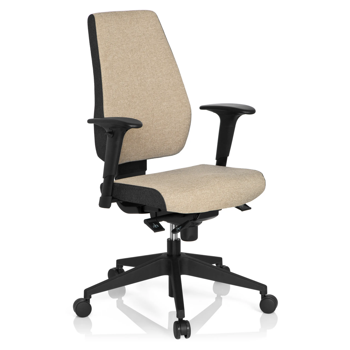 Beige Professionel kontorstol PRO-TEC 500 med armlæn og et sort femstjernet understel med hjul fra hjh OFFICE – 360-graders visning (skråt forfra 40°)