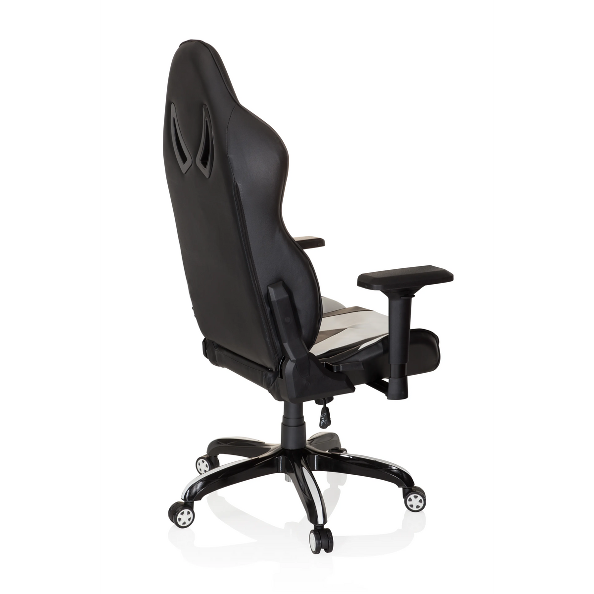 Schwarz-weißer Gamingstuhl PROMOTER I mit Armlehnen und Fußkreuz mit fünf Rollen von hjh OFFICE – 360-Grad-Ansicht (schräge Rückenansicht 120°)