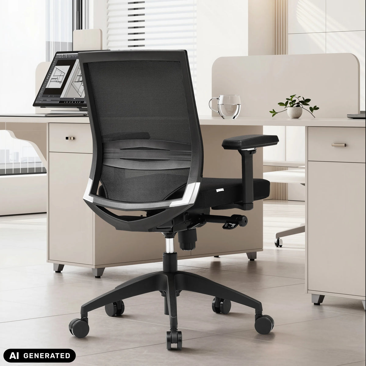 Sort professionel kontorstol PORTO BASE med netryglæn og armlæn fra hjh OFFICE (AI-genereret billede)