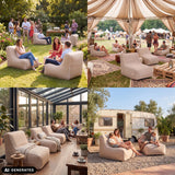 Beige Sitzolo Air oppustelige sofaer i forskellige udendørsområder fra hjh LIVING (AI-genereret billede)