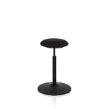 Schwarze Stehhilfe BALANCE SIT mit rundem Sitzpolster und kreisförmigem Standfuß von hjh OFFICE – 360-Grad-Ansicht (schräge Frontansicht 60°)