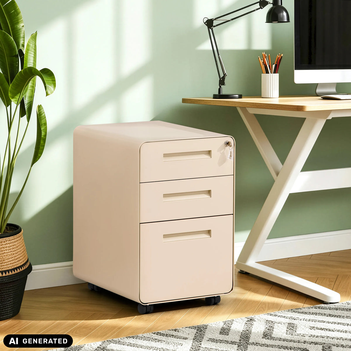 Beige COLOR PLUS I rullecontainer i metal med tre skuffer og hjul fra hjh OFFICE (AI-genereret billede)