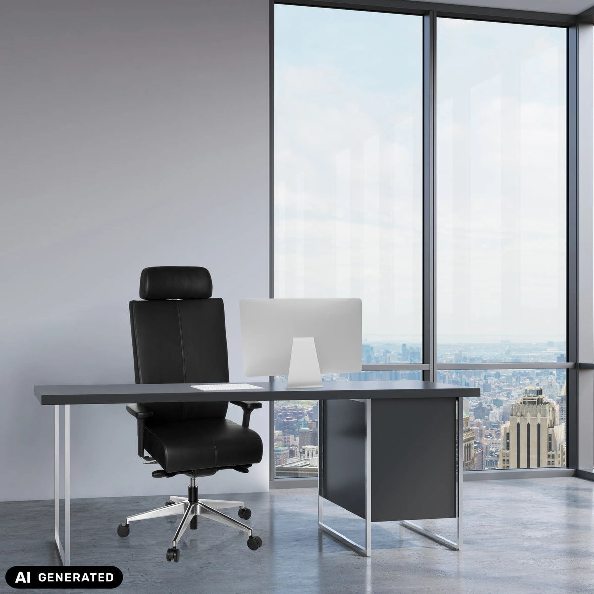 Sort professionel kontorstol PRO-TEC XXL i læder ved et skrivebord fra hjh OFFICE (AI-genereret billede)