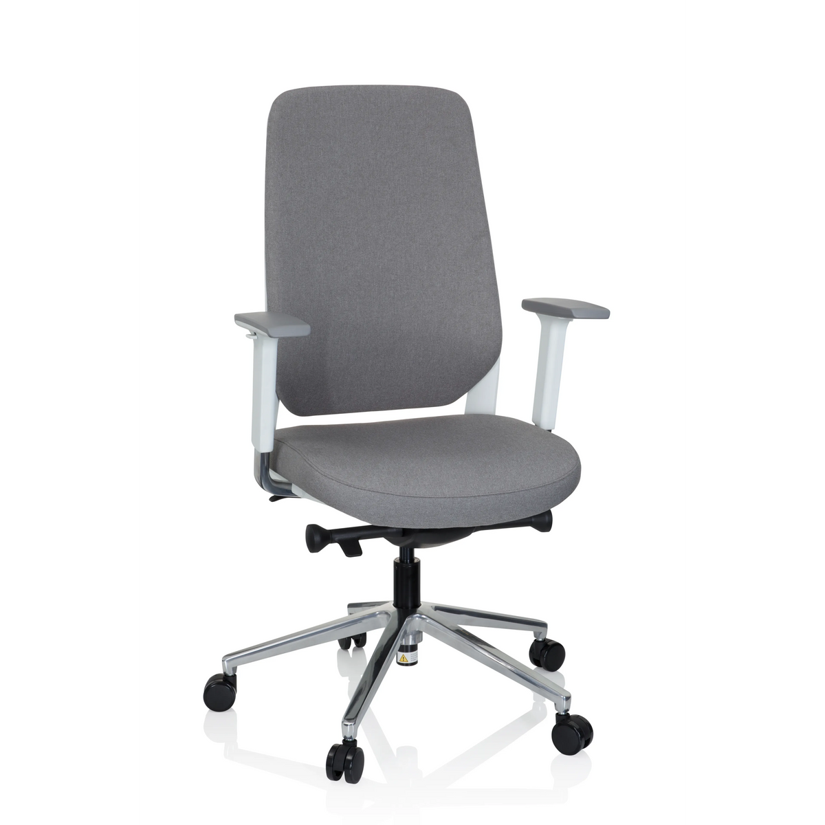 Grauer Profi-Bürostuhl CHIARO T4 WHITE mit Armlehnen und einem Fußkreuz mit fünf Rollen von hjh OFFICE – 360-Grad-Ansicht (Frontansicht 20°)