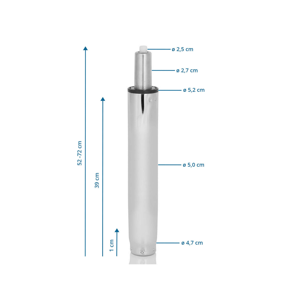 Teknisk tegning af gasfjeder GF-XXL med en højde på 52-72 cm fra hjh OFFICE