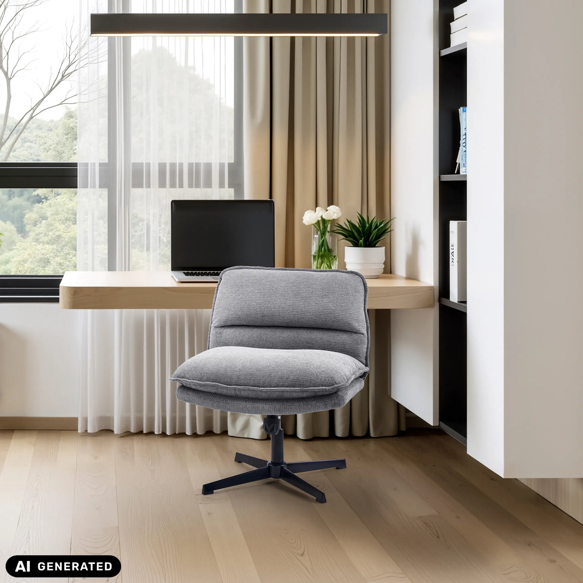 Mørkegrå Criss-Cross 20 loungelænestol foran et skrivebord fra hjh LIVING (AI-genereret billede)